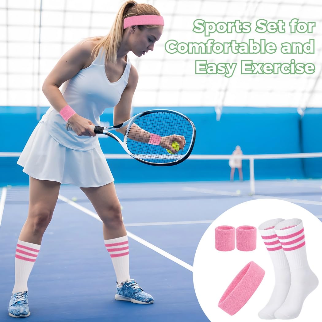 8er-Set Schweißband-Kombination, Sport-Stirnbänder, Handgelenkbänder und gestreifte Baumwollsocken, Trainingszubehör für Damen und Herren, für Karneval, Jogging und Sport
