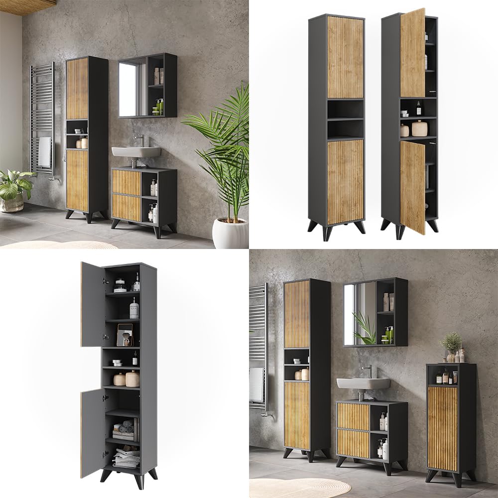 Vicco Mobiletto da bagno Leano, Antracite/quercia di montagna, 38 x 180 cm con 2 porte, adatto per la conservazione di articoli da bagno e asciugamani