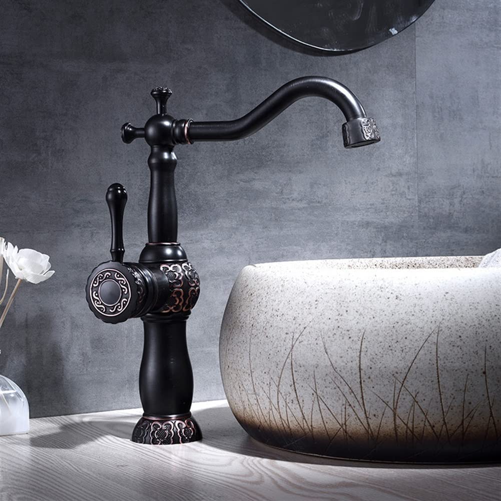 BHFPFZA Antique Brass Basin Mixer Tap - Vinta Single Handle Bathroom Sink Faucet Hot & Cold Deck Mount for Kitchen & Bathroom Ele Carved Design & Slish