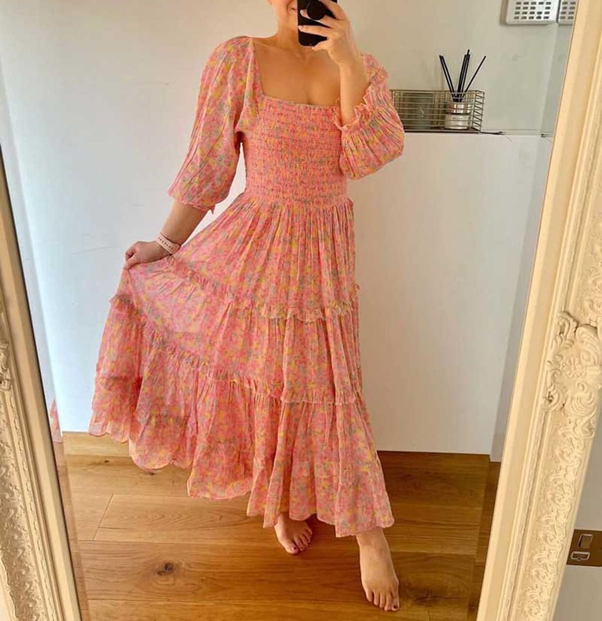 R.Vivimos Women's Summer Dress Chiffon Boho Puff Sleeves Ruffle Floral Print Causal Off Shoulder Split Midi Dress - Image 4