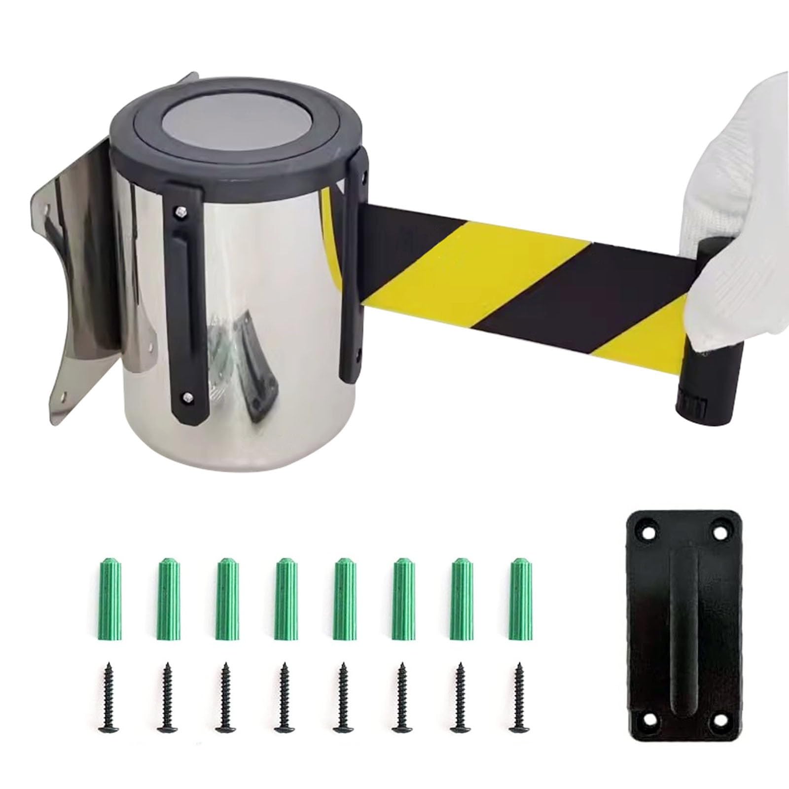 Retractable Barrier Tape, Stainless Steel, Adjustable Length, Includes Mounting Accessories for Queuing Solutions(10M(32FT))