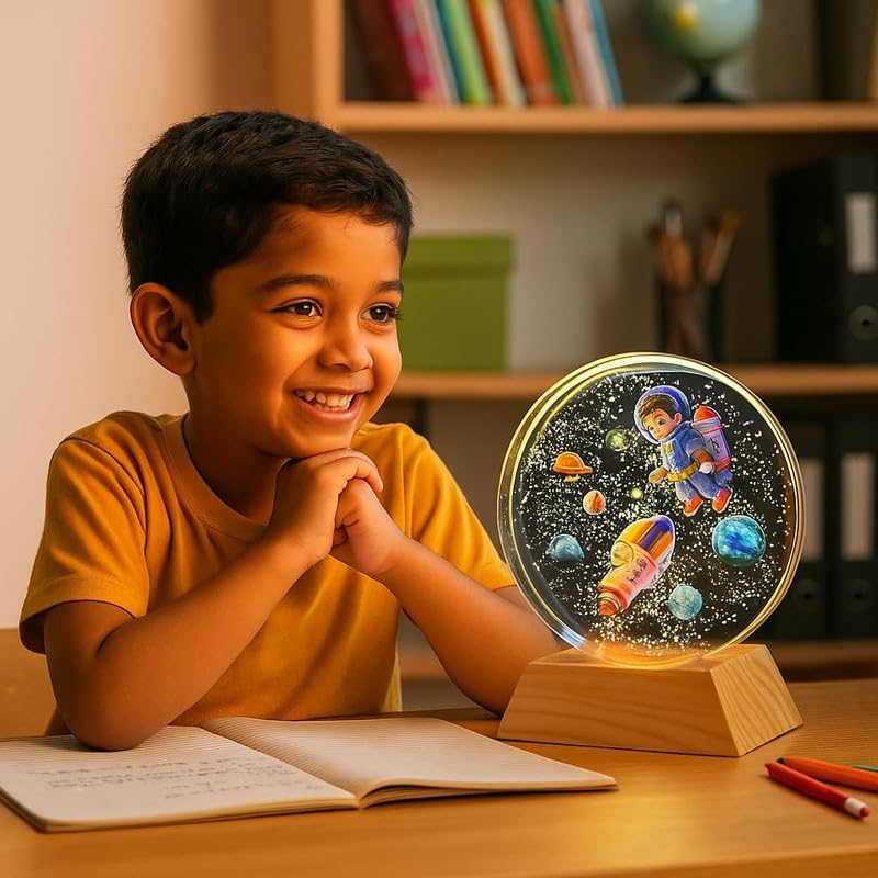 Image of 3D Astronaut Boy Crystal Ball Night Lamp with Wooden Base | USB LED Table Light for Kids Room, Bedroom & Home Decor | Space Theme Bedside Lamp & Gift for Boys & Girls