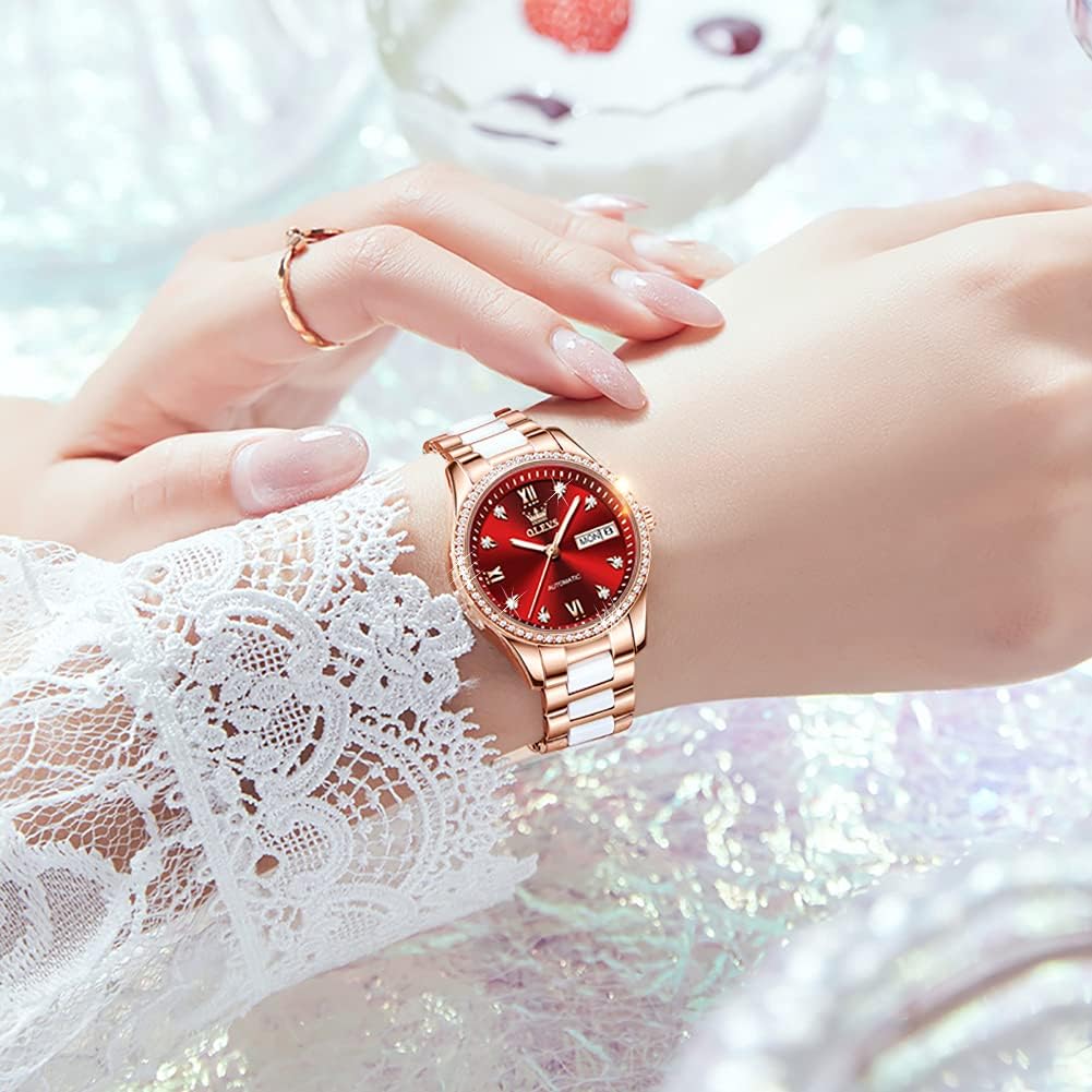 OLEVS Automatic Watches for Women Diamond Fashion Elegant Dress Mechanical Self Winding Date Ladies Wrist Watches Luxury Rose Gold Two Tone Ceramic Watch Waterproof Luminous - Image 2