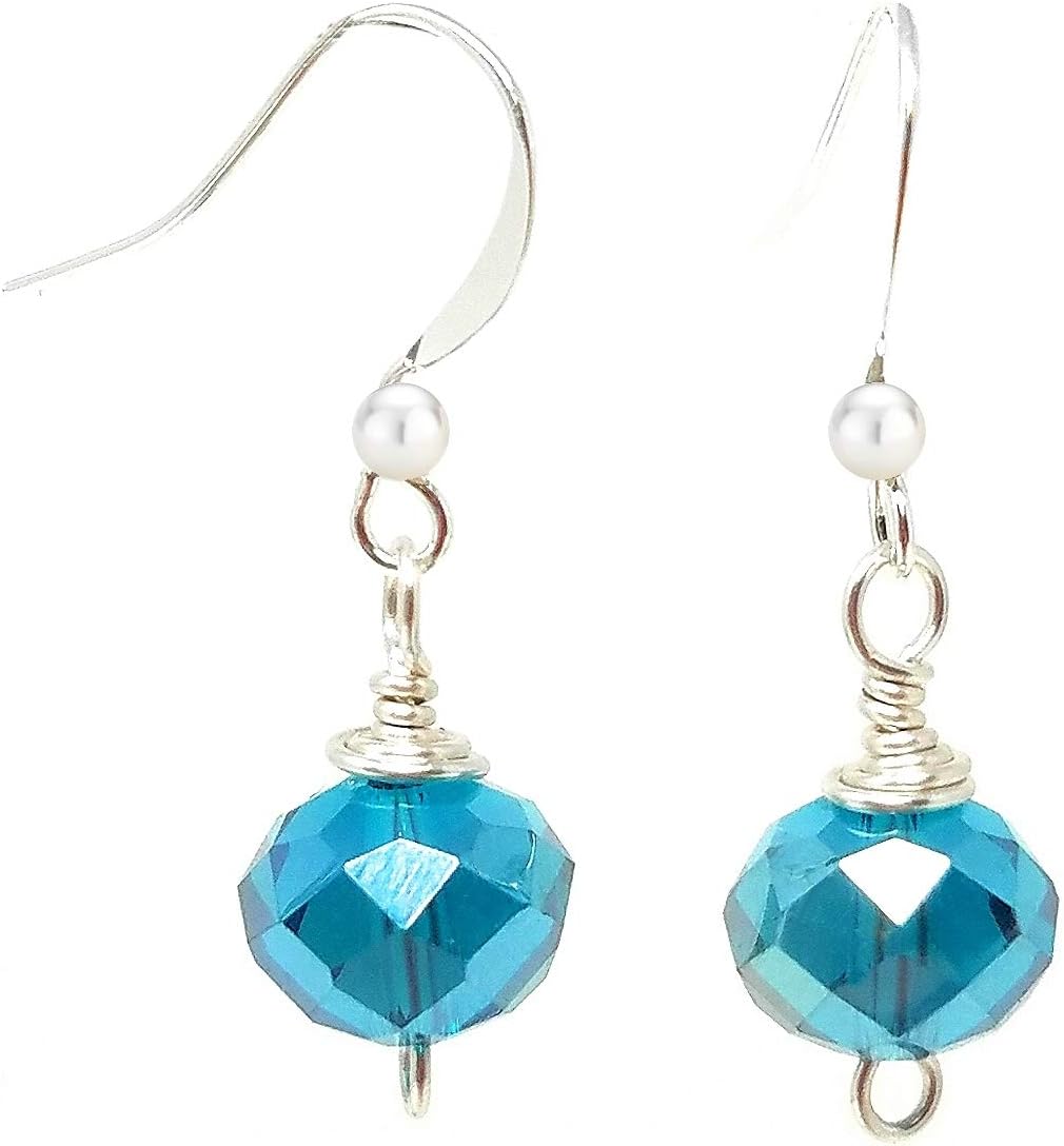 Wire Wrapped Crystal Rondelle Drop Earrings - Green Blue (Teal) Iridescent (E621)