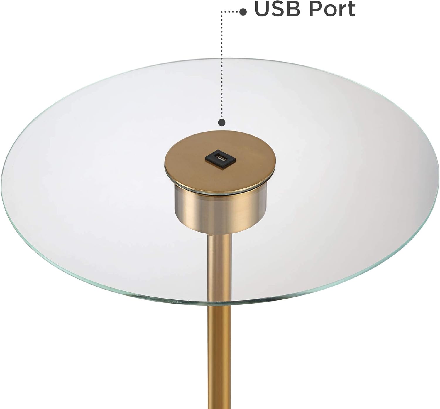 Brass Arc Floor Lamps with White Linen Shades and Glass Tray Tables