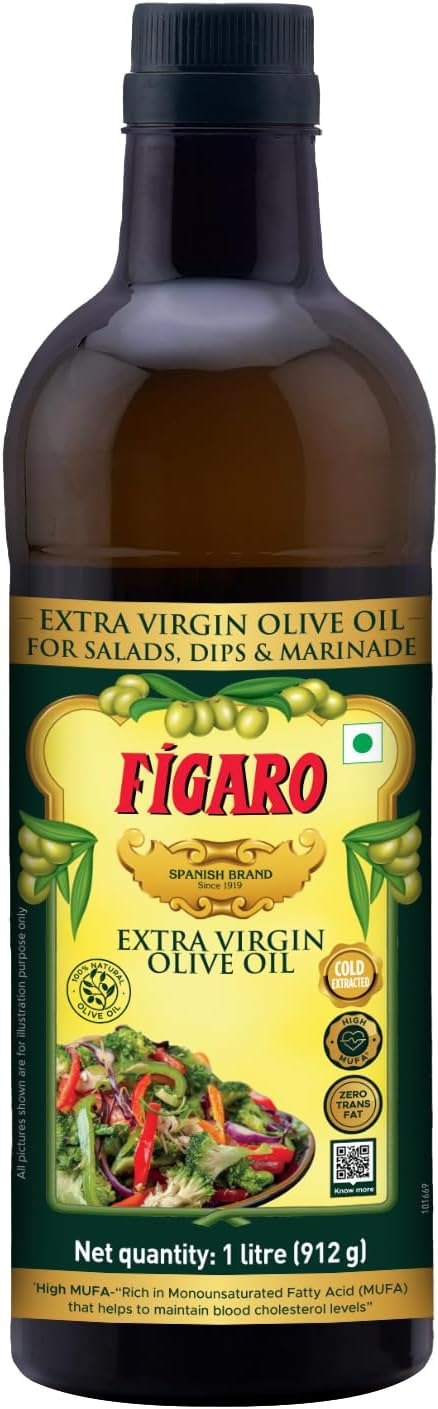 Figaro Extra Virgin Olive Oil - 100% Natural and Cold Extracted - Perfect for Salad, Paratha, Marinade - Imported from Spain, 1 Litre Bottle