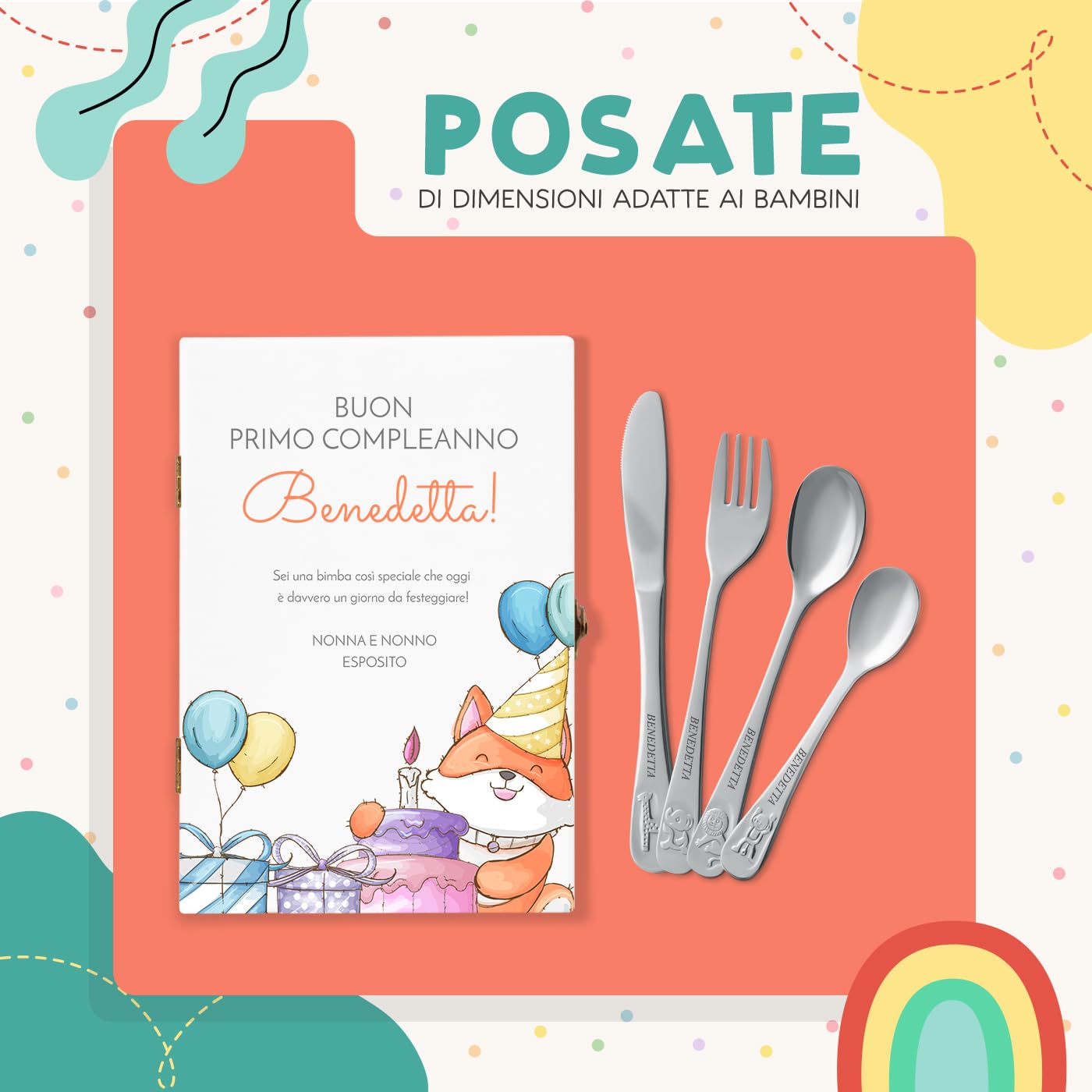 Maverton Set di 4 posate per bambini con incisione + scatola in legno con stampa personalizzata - motivo animali - idee regalo per battesimo bimba - palloncini