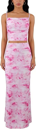 ksotutm Maxi Skirt Set Print Halter Top and Maxi Skirt Two Piece Sets for Women 