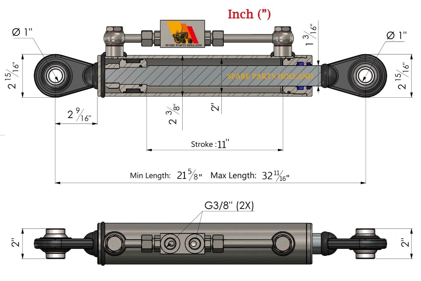 Terzo punto idraulico per trattore CAT 2-2 550-830mm completo di tubi e nippli
