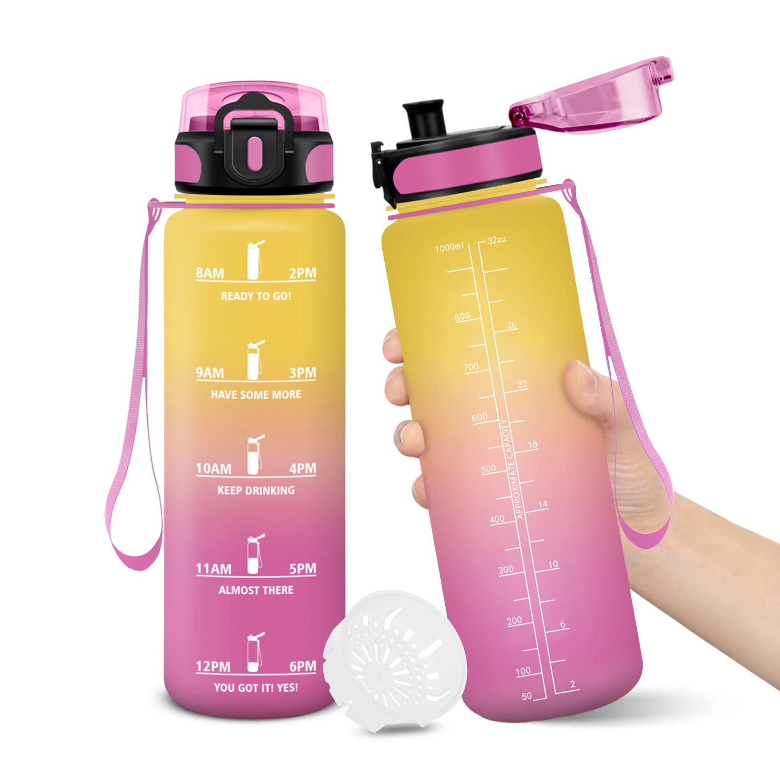 Borraccia, 1000ML Senza BPA, Borraccia Bambini, Design della serratura a prova di perdite, Borraccia Motivazionale, Con marca temporale, Bottiglia Acqua per Yoga, Sport, Scalare Montagne - Giallo Rosa