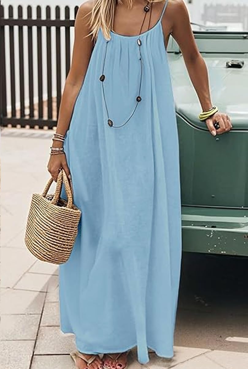 ABINGOO Robe D’été Femme Longue Dos Nu Caraco en Col Rond Ample Robes | Décontractée Sans Manches Couleur Unie Spaghetti Fluide Plage Robe avec Cordon Ajustable