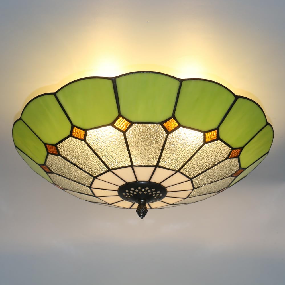 Tiffany Style Ceiling Light 16 Inch 3-Lights Stained Glass Flush Mount Ceiling Light for Bedroom Dining Room Living Room