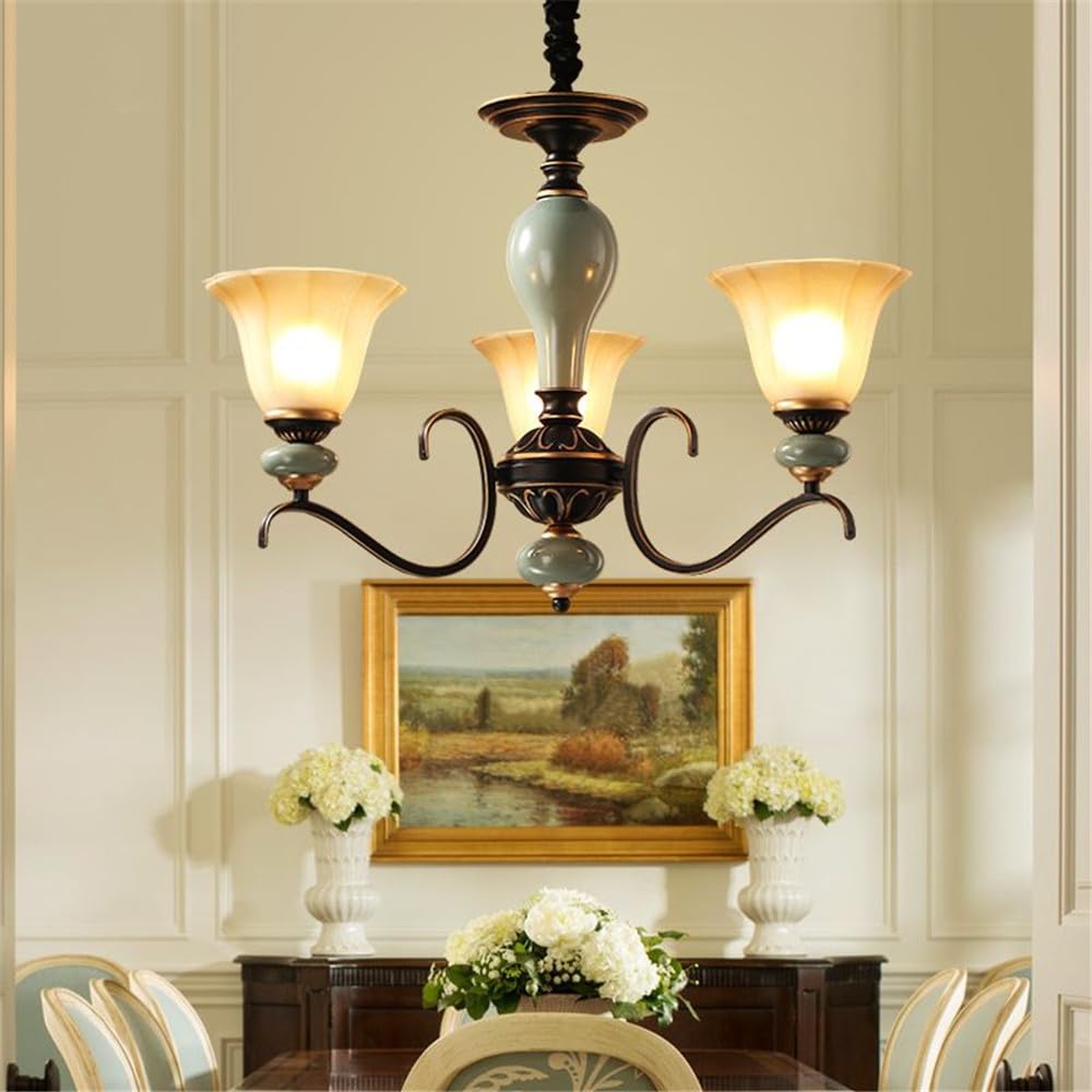 SXECAEPS European Luxury Living Room Chandelier American Retro Ceramic Restaurant Bedroom Study Hotel Villa Cafe LED Pendent Lamp (Q 3 hts)