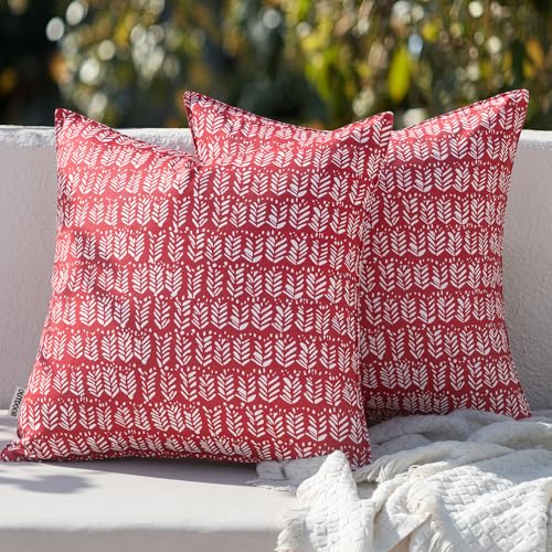 MIULEE Outdoor Pillows with Inserts Set of 2 Patio Waterproof Fade Resistant Fluffy Throw Pillows Decorative Garden Spring Natural Accent Leaves Cushion for Home Sofa Decor 18x18 Inch Red