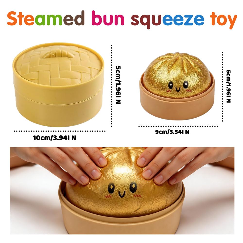 Dumpling Squishy, Glitter Dumpling, Giant Dumpling Squishy with Steamer Box, Stressball Langsame Rückfederung, Stressabbau-Spielzeug für Erwachsene (Gold) - 2