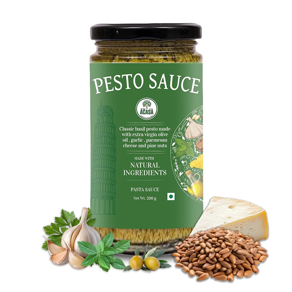 Acasa Basil Pesto 200gm - Green Pesto Sauce Perfect for Pizza, Pasta, Spaghetti - Italian Flavor Rich ingredients No Preservatives, No Artificial Flavors Italian Sauce for Versatile Use