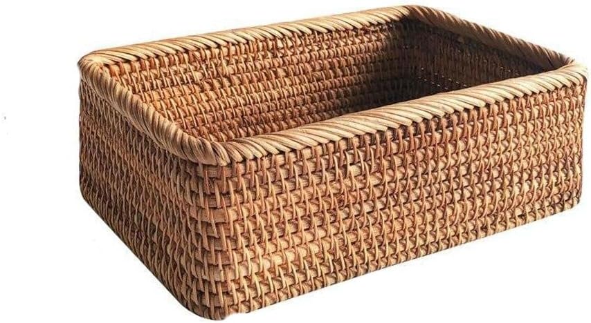Hand-woven Rattan Wicker Basket Fruit Tea Snack Bread Basket Cosmetic Rectangular Storage Box Household Kitchen Supplies (Color and size M)