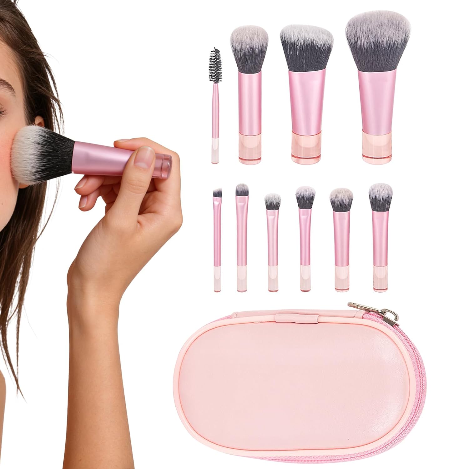 Makeup Brushes, 10 Pcs Travel Makeup Brushes with Cosmetic Bag, Mini Travel Makeup Brushes Set include Eyeshadow, Highlight, Contour, Powder and Concealer (Pink)