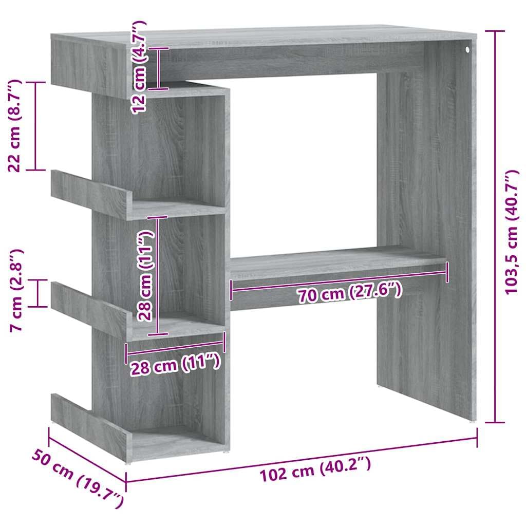 Mesa de bar con estante gris Sonoma de madera 100 x 50 x 101,5 cm, mesa alta con estantes y reposapiés, ahorra espacio, moderna para cocina, comedor y zona de invitados