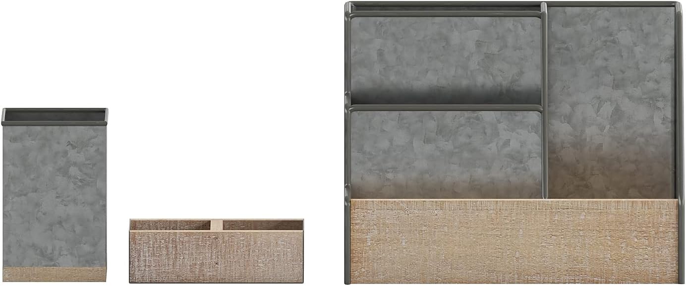 Flash Furniture Comerford 3 Piece Metal and Wood Organizer Set - Galvanized Metal and Rustic Wood - For Desktop, Countertop, or Vanity