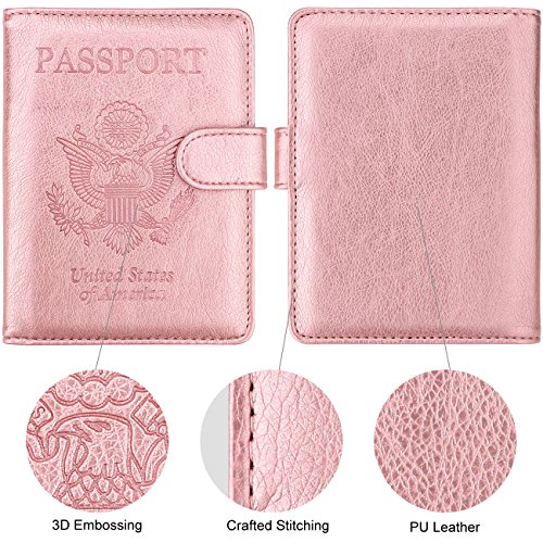Image of WALNEW Passport Holder for Travel, RFID Passport Cover Wallet for Women Men, PU Leather Passport Book Card Holder Case with Pen (Buckle Closure, Buckle-Rosegold)