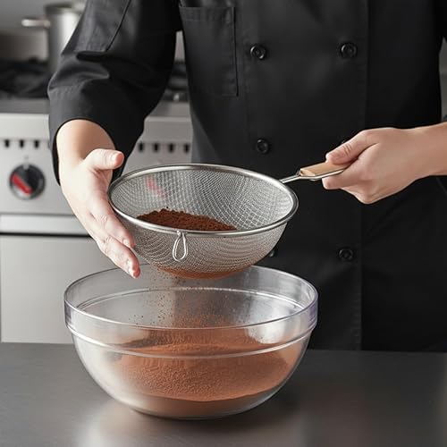 Vista 18 de Colador de malla de estaño mediano de 10 pulgadas, mango de madera de 13 pulgadas de longitud del mango- Utensilios de cocina, colador de alimentos