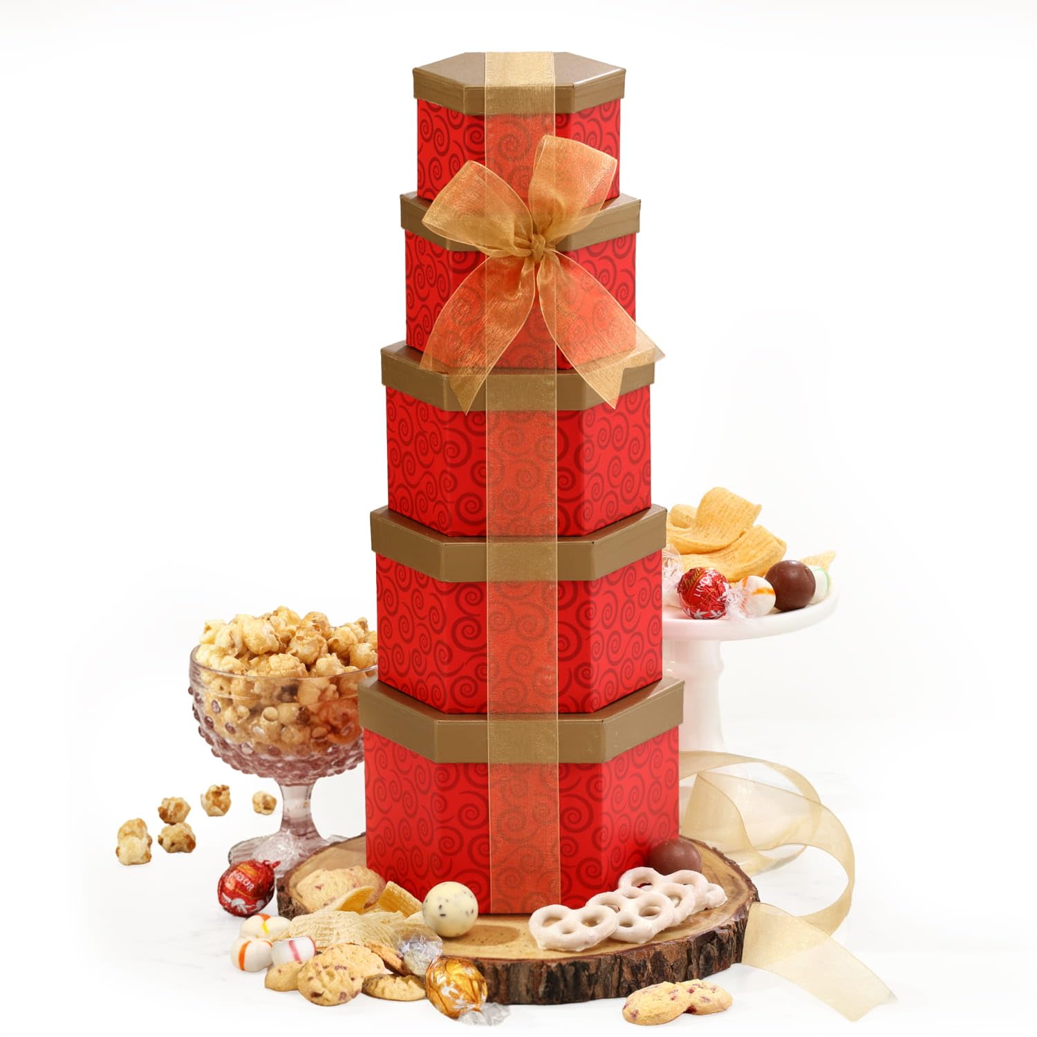 Broadway Basketeers Snacks and Sweets Ruby Red Gift Basket Tower, Anniversary, Birthday, Thinking of You for Women, Mom, Step-Mother, Wife, Girlfriend, Her or Him