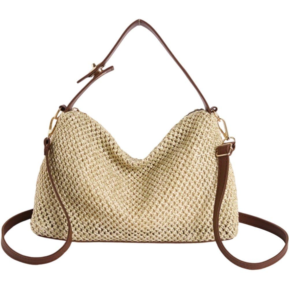 Fituenly Women's Straw Woven Tote Bag, Adjustable Shoulder Crossbody Handbag, Summer Beach Commuting Picnic Casual Bag