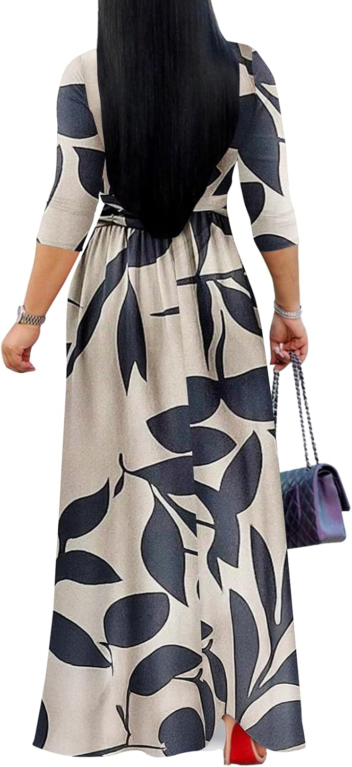 Yajedo Womens Casual Summer Maxi Dress Plus Size Sexy Warp V Neck 3/4 Sleeve Sundress with Poctets - Image 2