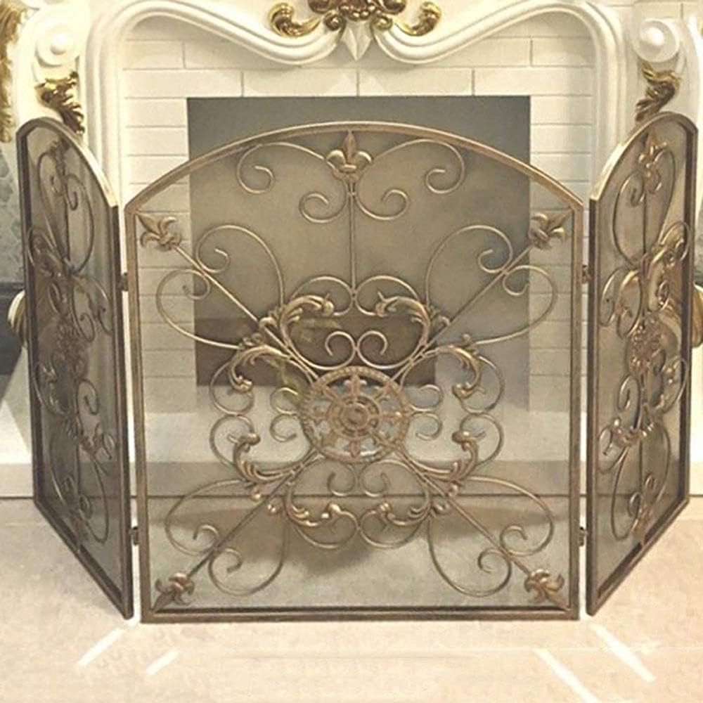 Large Wrought Iron Fireplace Screen - 3-Panel Indoor/Outdoor Decorative Mesh Guard with Leaf Design, 121x80 cm, Solid Steel Fire Safety Fence, Spark Protection