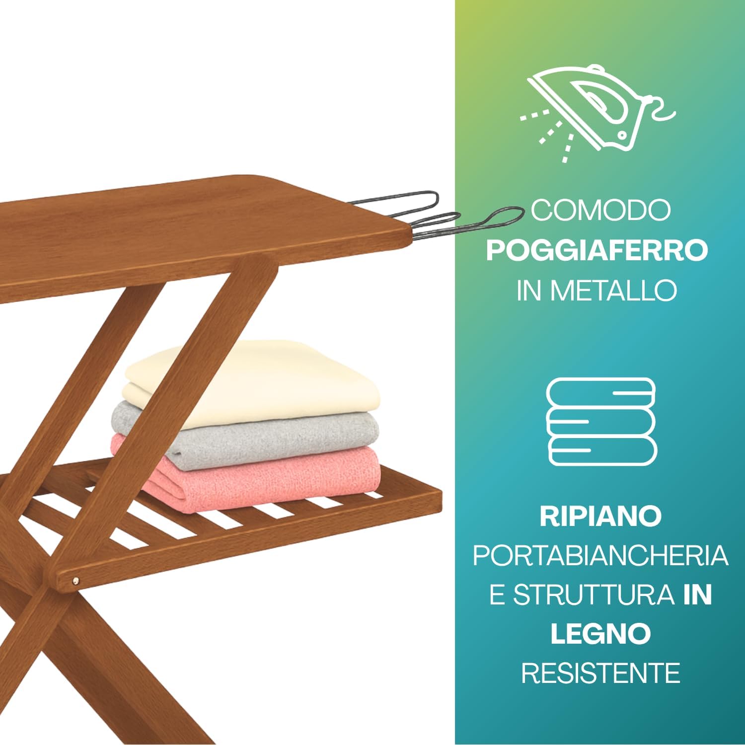 Paluplus Asse da Stiro Pieghevole in Legno di Faggio, Misura 140x35x92 cm, Altezza regolabile 3 Posizioni e Poggiaferro, Tavola da Stiro con Copriasse in Omaggio, Made in Italy -2574F-6,3 (Noce)