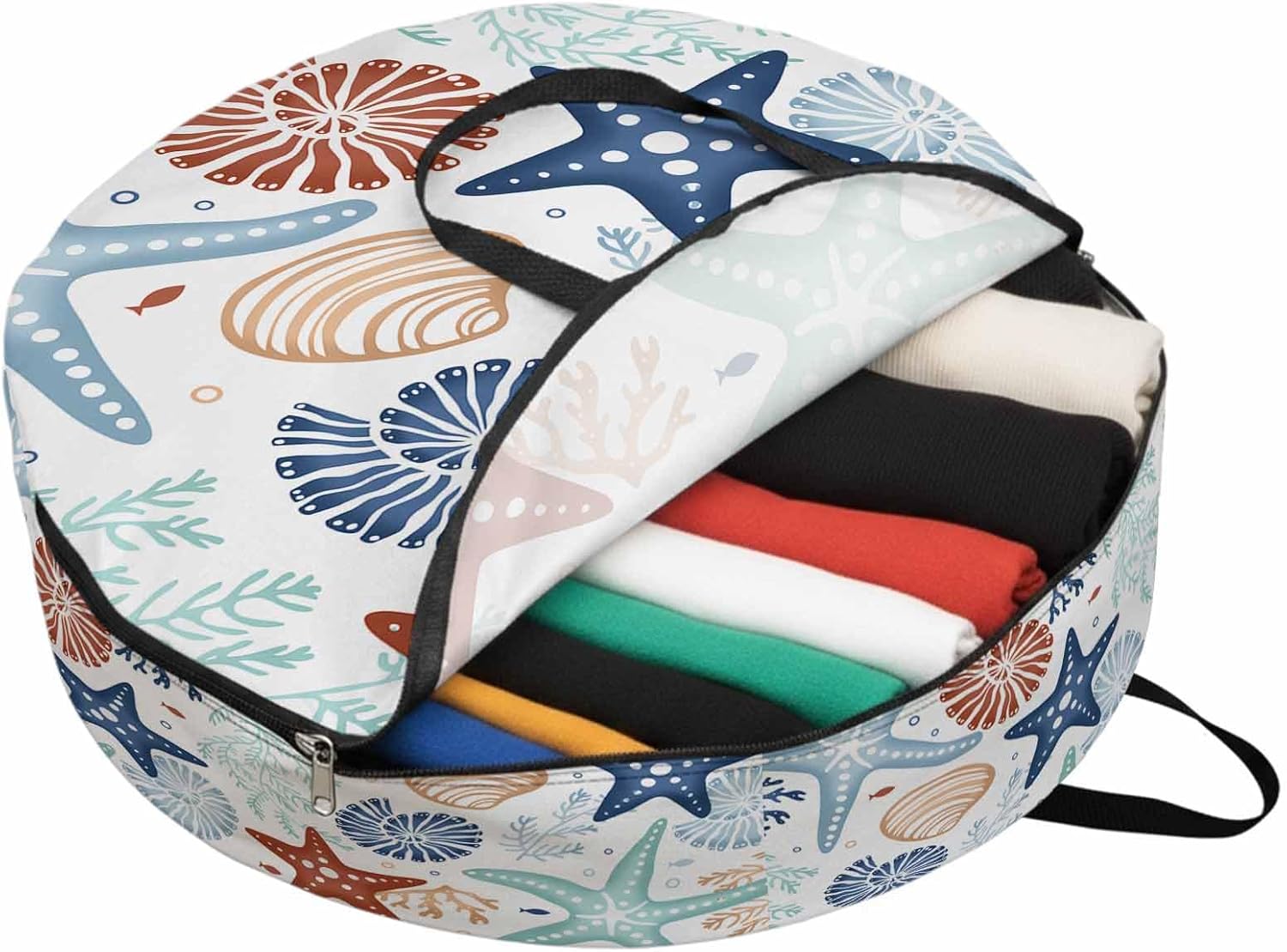 Summer Ocean Round Storage Bag 36 Inch, Navy Blue and Red Coral Starfish Seashells Clothes Storage Container with Handles Heavy Duty Organizer for Comforter, Bedding & Holiday Wreaths