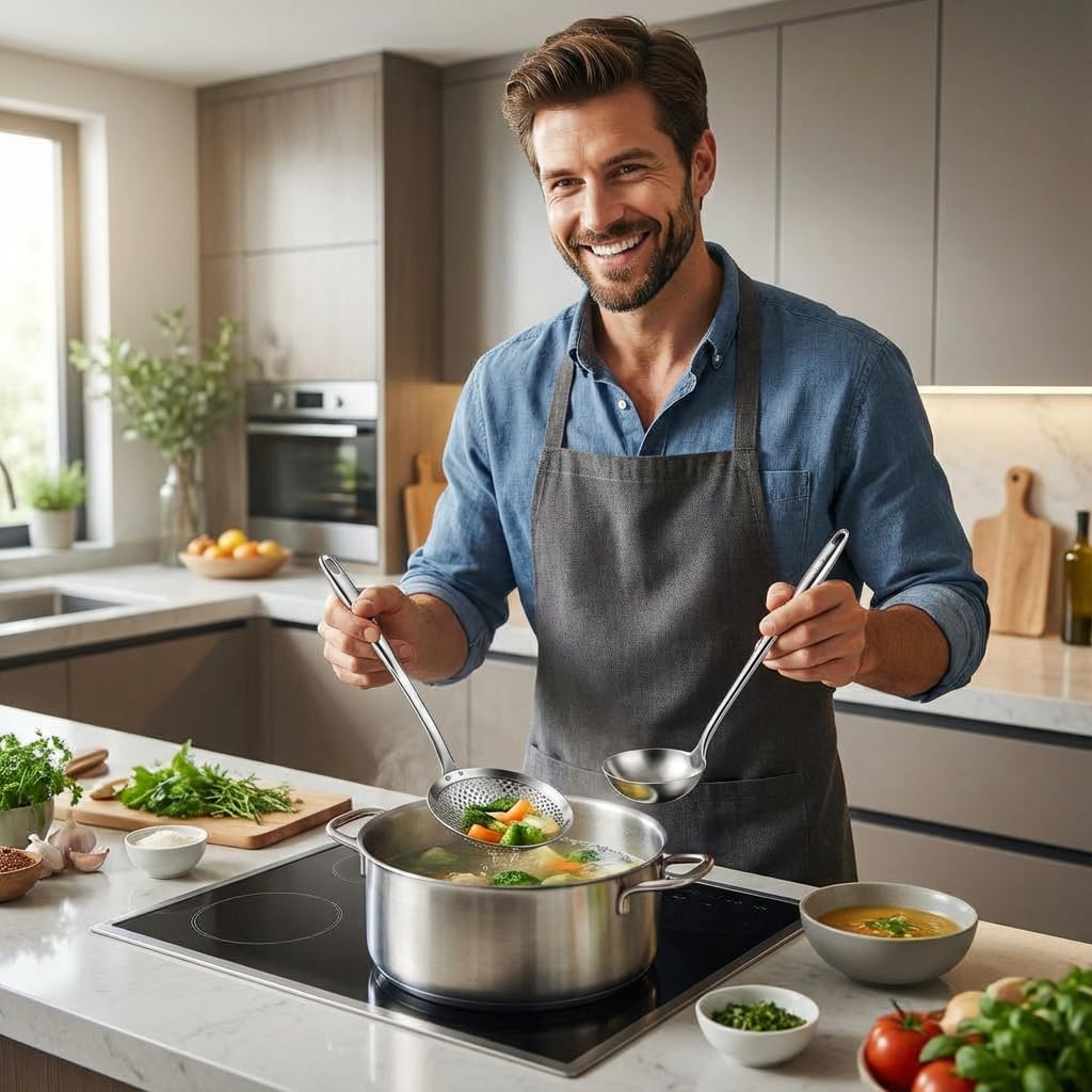Stainless Steel Soup Ladle and Slotted Spoon Set | 15.8" Solid & 15" Skimmer for Cooking and Straining - Durable,Heat-Resistant,Ergonomic Handle Kitchen