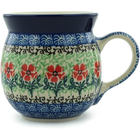 Polish Pottery Mug – 11 Oz Hand-Painted Bubble Design – Maraschino Color – Microwave & Dishwasher Safe