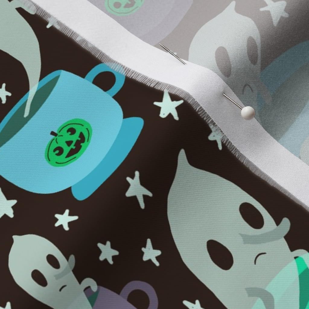 Spoonflower Fabric - Tea Blues Ghost Halloween Reading Pumpkin Printed on Organic Cotton Sateen Fabric by The Yard - Sewing Quilting Apparel Home Decor
