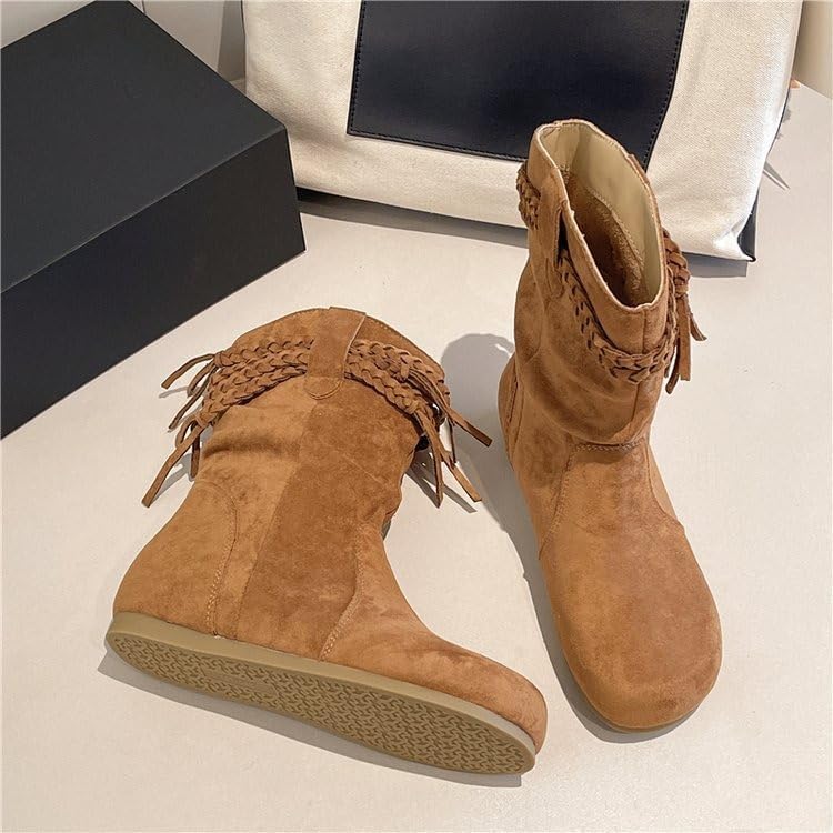 Women's Camel Wedge Hidden Heel Fringe Slouch Ankle Booties Round Toe Vintage Boho Fall Booties