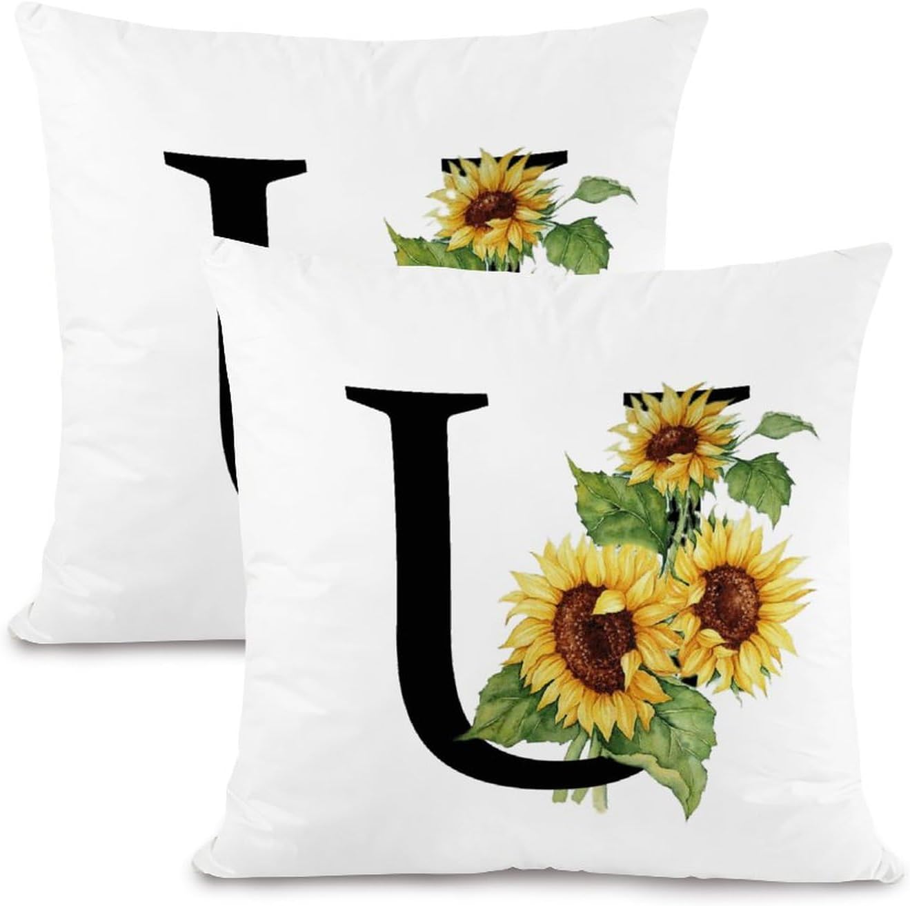 Set of 2 Sunflower Letter U Initial Monogram Decorative Throw Pillow Covers 24x24in Farmhouse Square Accent Pillow Cases Cushion Cover Cases for Sofa Chair Bedroom Home Decor