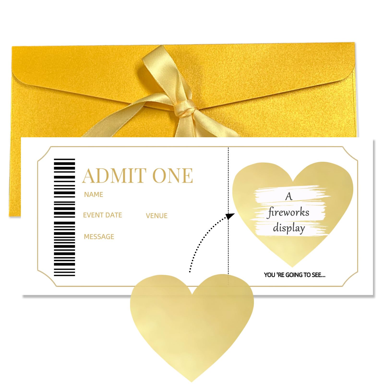 Heart-Shaped Golden Ticket Scratch Off Card - Personalised Surprise Reveal Card for Concert, Holiday & Love, Romantic Scratch to Reveal Gift for Birthday & Anniversary
