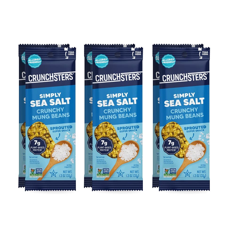 Crunchsters Sprouted Mung Beans, Plant-Based Protein Super-Snack and Salad Topper, Gluten-Free, Nut-Free, Vegan, 7g Protein/Serving, 1.3oz. Bags, Sea Salt, 6-Pack
