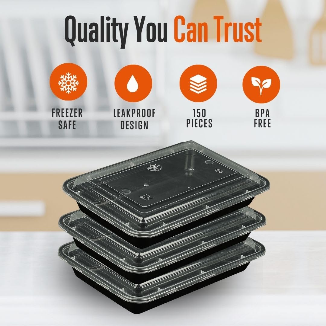 SQUATZ Contenedor de alimentos para microondas para 150 unidades, caja rectangular negra de 33 onzas con tapas, utensilios reutilizables, cuchara, tenedor y cuchillos, sin fugas, apto para congelador