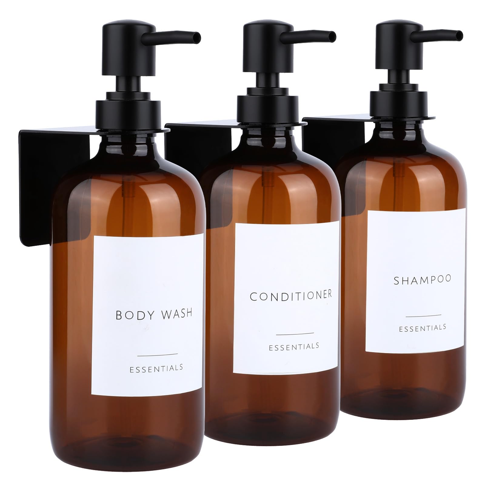 Shower Soap Dispenser Set of 3 Wall Mounts Plastic 21oz Amber Shampoo and Soap Dispenser for Shower, Refillable Mounted Shampoo Bottle with Waterproof Labels for Bathroom