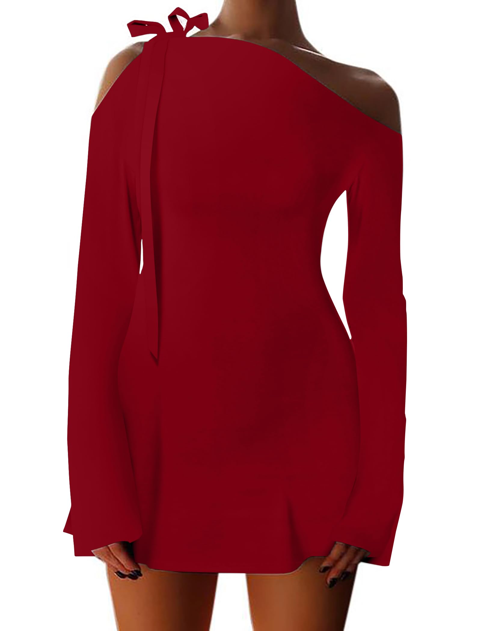 HYPERFIRE Women's Shoulder Tie Long Sleeve Asymmetrical Boat Neck Mini Cocktail Dress, Burgundy, M