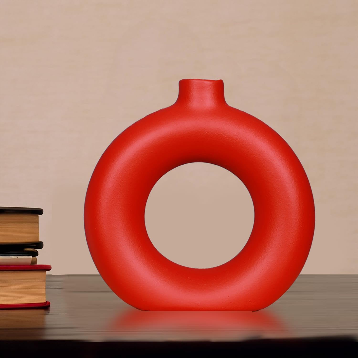 AA NM & Sons Ceramic Donut Shaped Vase for Home Décor (Pack of 1, Red)-image-12