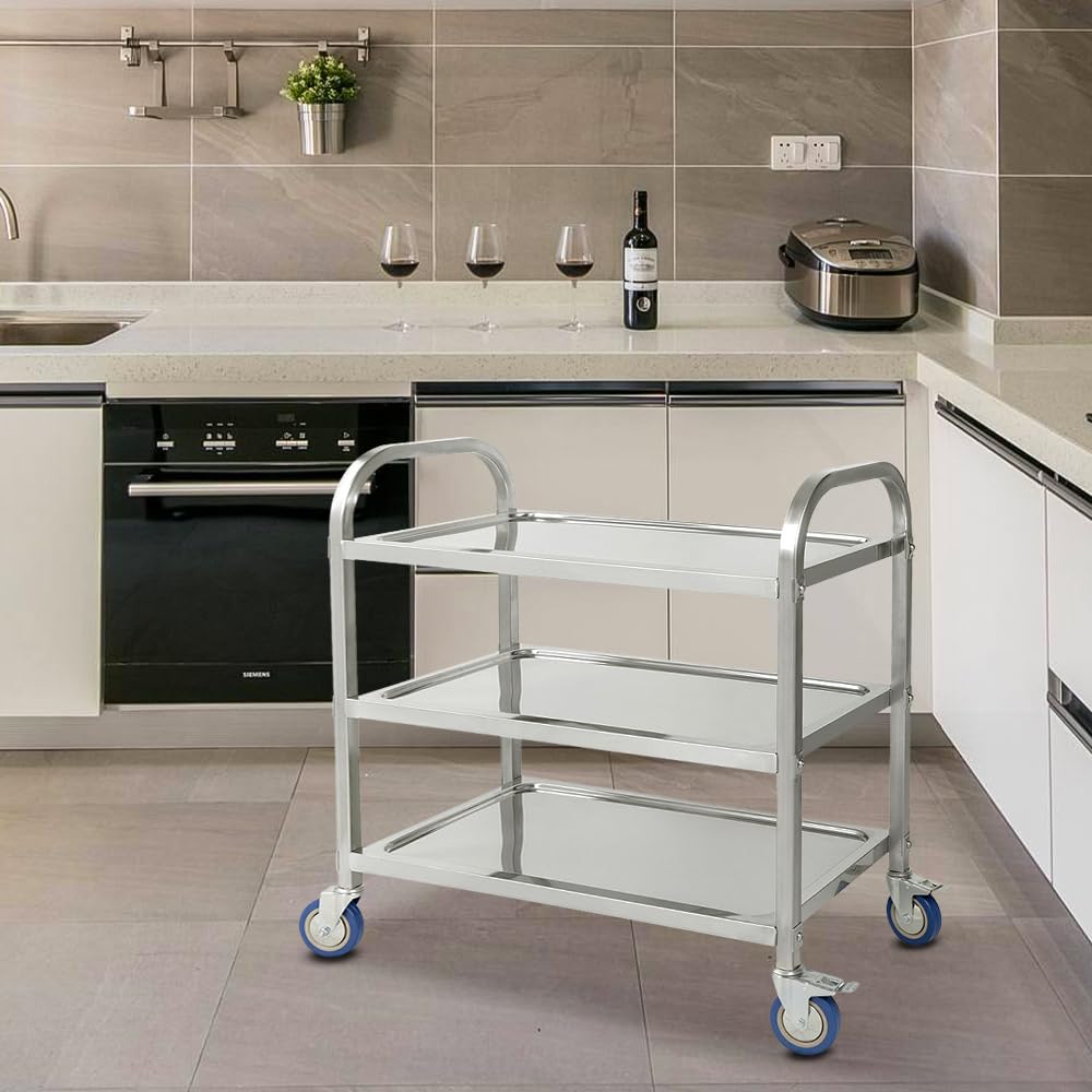 HOMEWELL Carro de servicio de acero inoxidable, carrito de cocina de 3 niveles, 4 ruedas giratorias, multifuncional, 95 x 95 x 50 cm