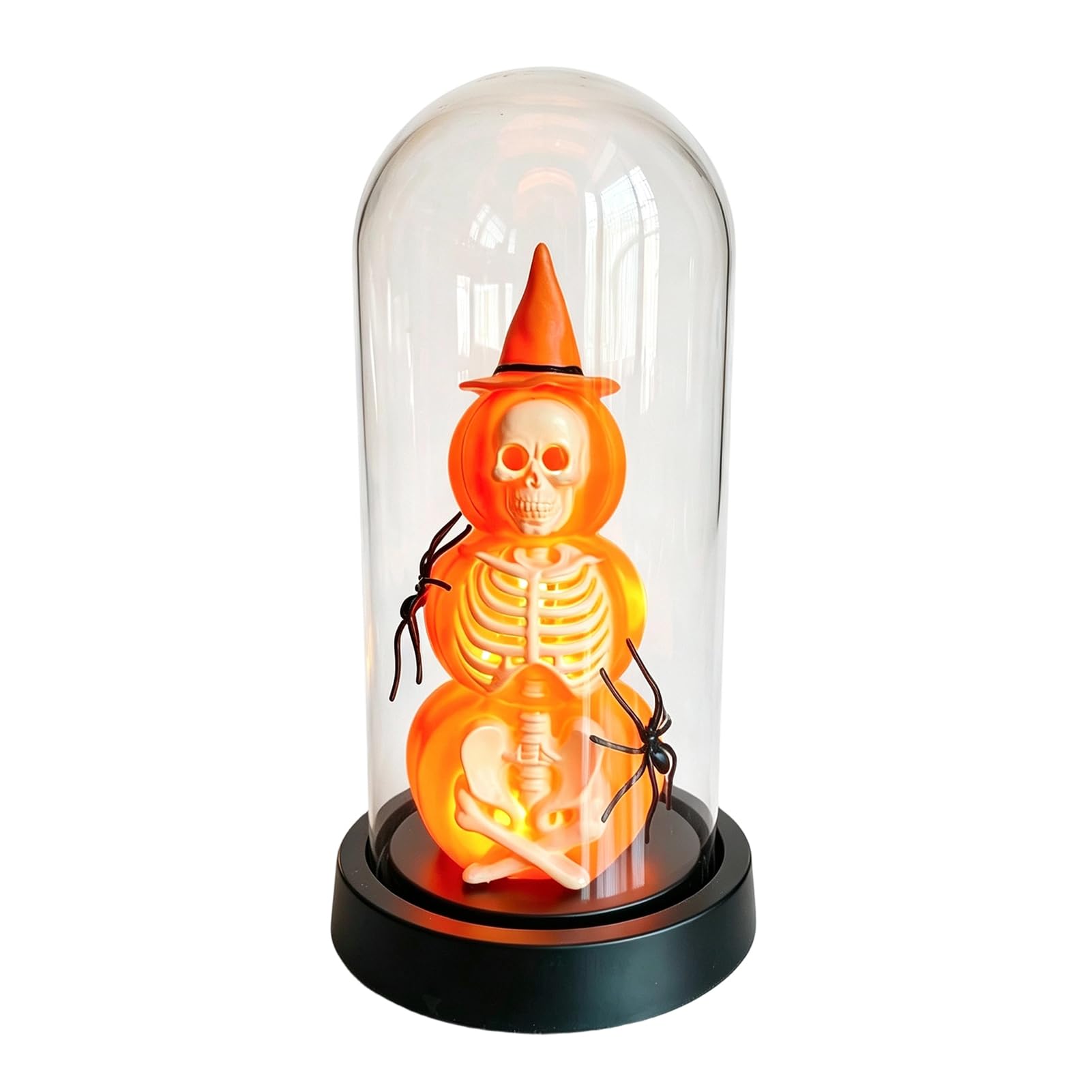 pidodou Halloween Pumpkin Skeleton Cloche Lamp Lighted Stacking Skull in Clear Dome with Witch Hat for Tabletop Mantel Decor Orange plastic