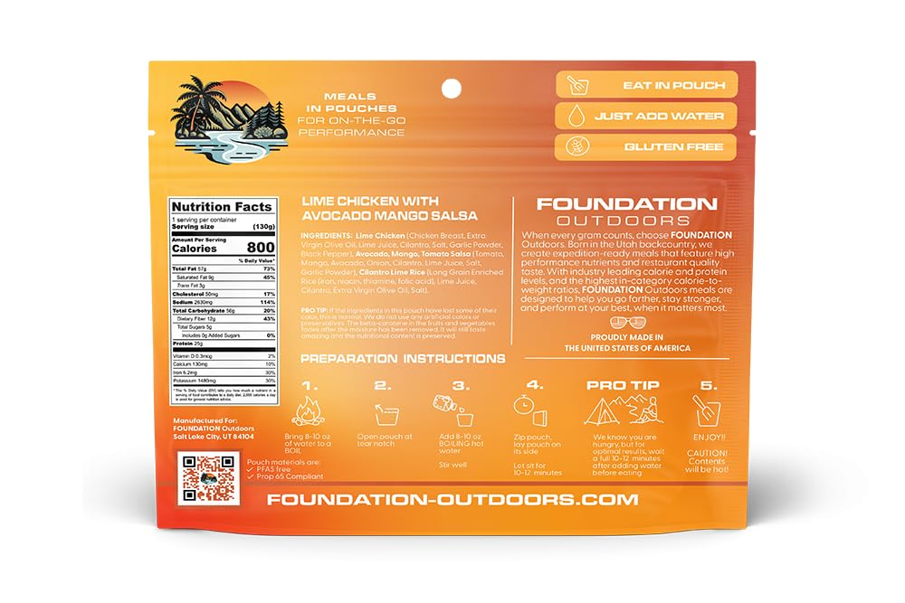 FOUNDATION Outdoors Lime Chicken with Avocado, Mango Salsa, Freeze Dried Backpacking & Camping Food, Emergency Food, High Protein Meal, Gluten Free (6)