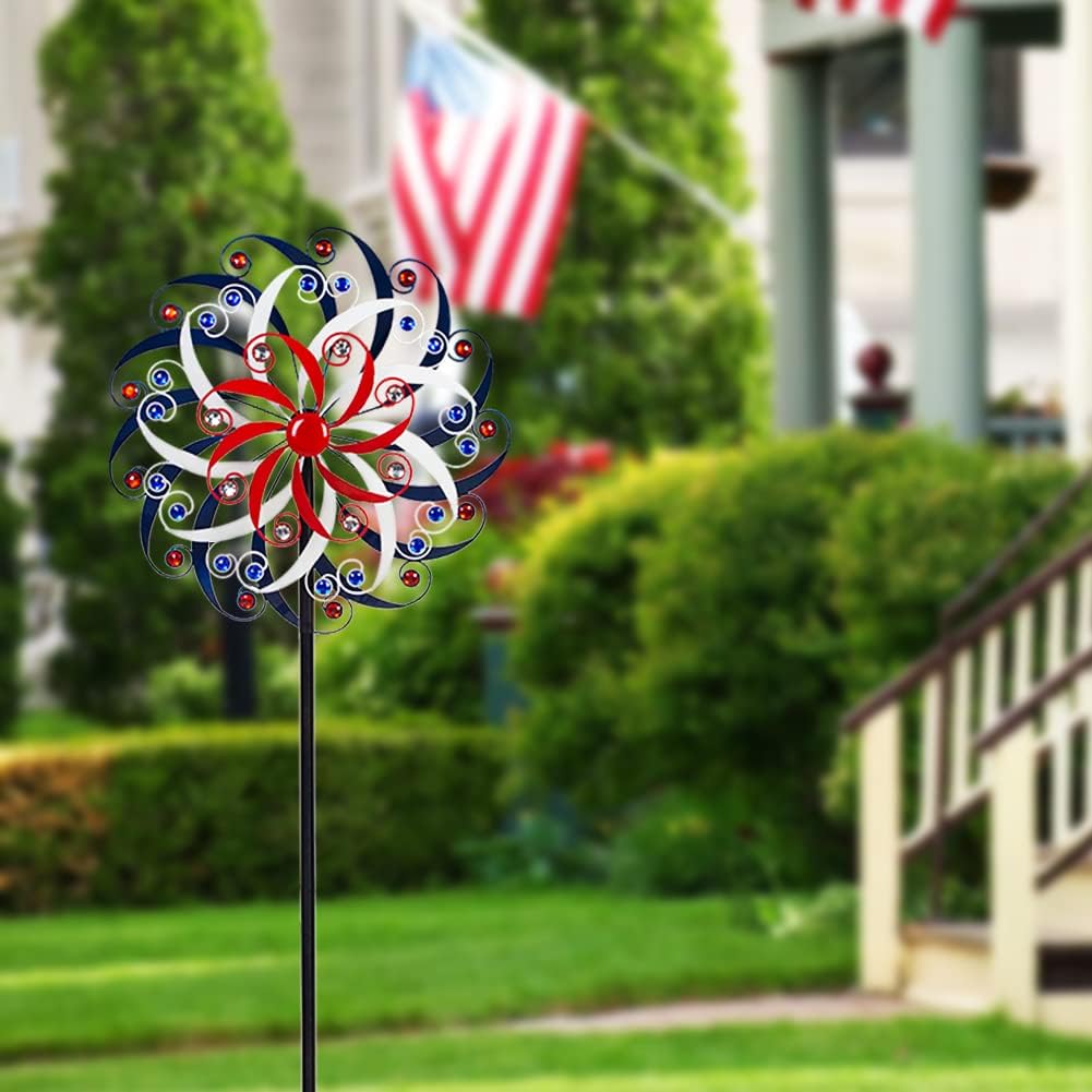 DREAMYSOUL 20" Dia*79.5" H Patriotic Wind Spinner (Three Layers) + 37" Colorful Wind Spinner (Double Blade), Outdoor Metal Wind Sculpture Yard Art for Garden Patio Lawn Decor