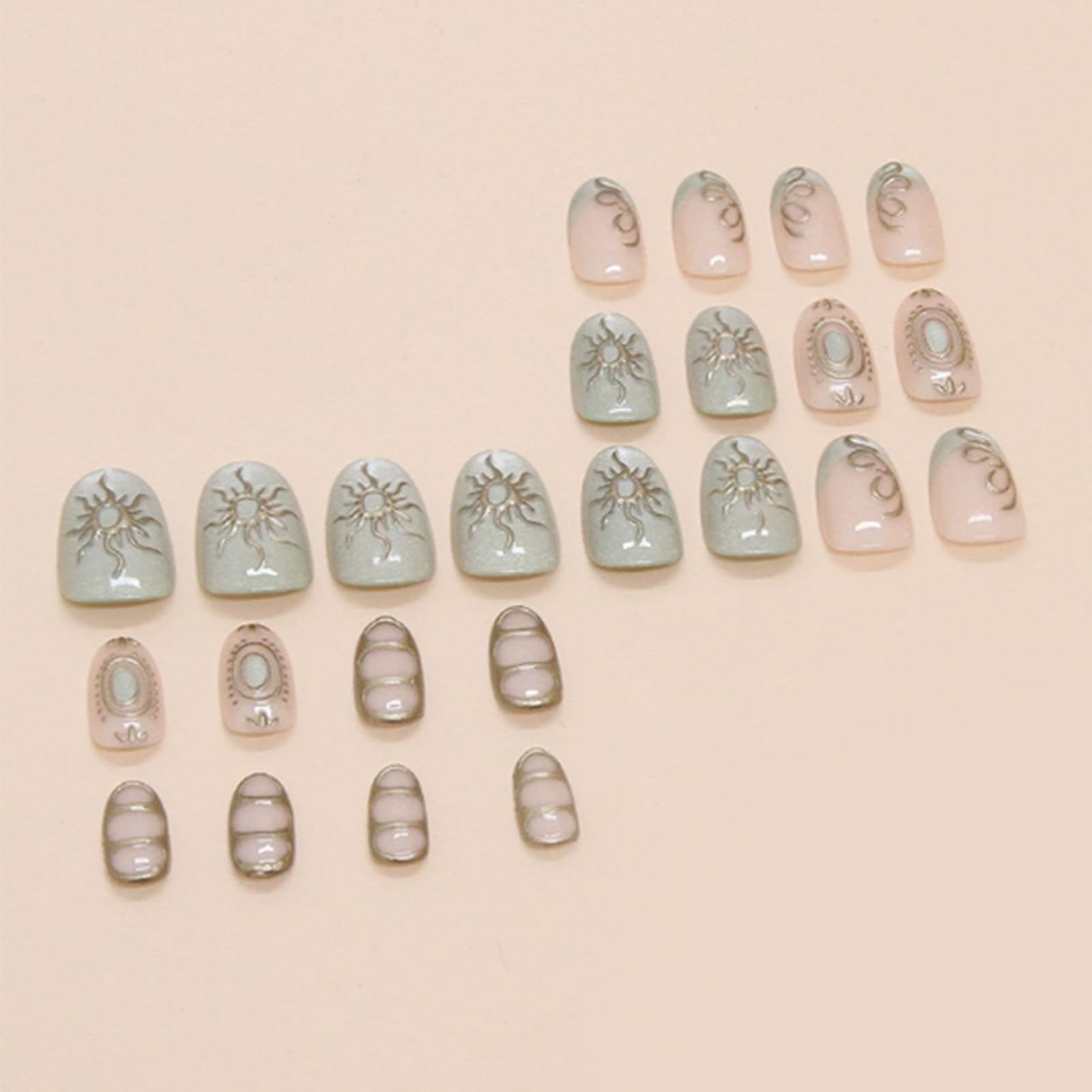 Short Oval Press On Nails, Green French Tip with Sun Pattern and Glitter Shine - Image 4