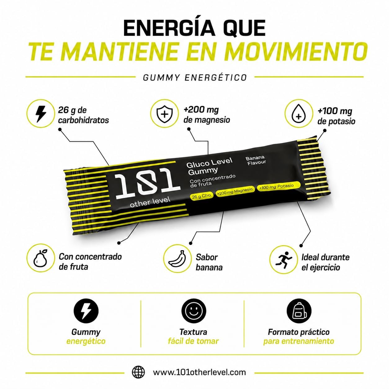 101 Other Level Barritas Energéticas Gummy Pack 30 Barritas de 40 gr - Sabor Banana - Gominolas Deportivas de Carbohidratos para Ciclismo, Running y Trail - Energía Rápida y Fácil Digestión