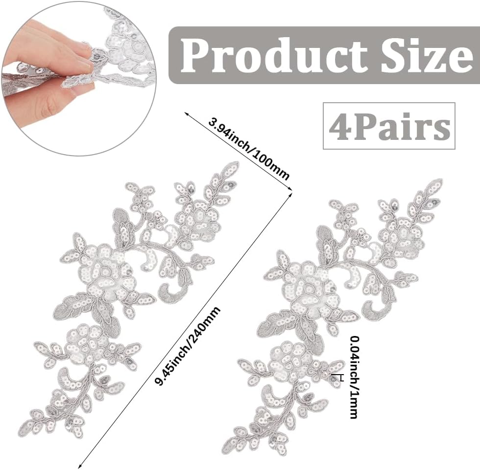 GORGECRAFT 8PCS Embroidery Sequin Lace Applique Glitter Silver Flower Embroidered Patches Floral Leaf Vine Lace Fabric Collar Embellishments Sew on Appliques for Clothes Bags DIY Sewing Crafts